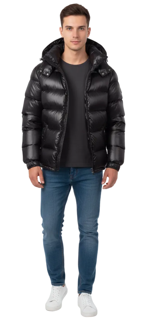 Męska Kurtka Puffer Glossy z Kapturem – Minimalistyczny Styl Urban Casual